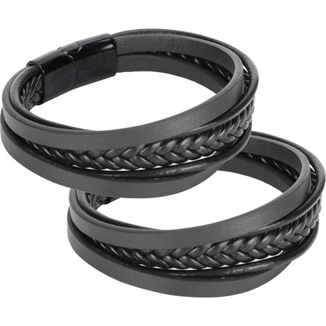 2Pcs Bracelet with Magnetic Clasp Vintage Hand Knitting Multi Layer Wristband Gifts(Black PU Leather with Black Clasp ) (1/5)