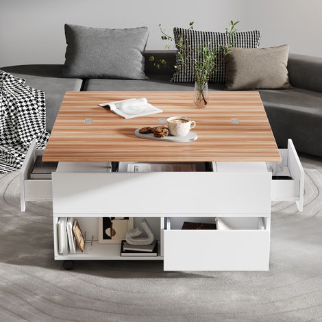 Tavolino da salotto rialzabile 100 x 50 x 52 cm con 4 cassetti, 4 ruote, bianco e legno DESVIAE (1/5)