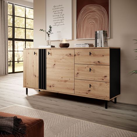 Credenza Haradali, Madia 3 Cassetti, 2 Ripiani, Apertura Battente, Scorrevole, 165x40x82h cm Marrone Rovere Nodi (1/4)