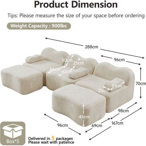Canapé droit 3 Places Modulaire, Canapé avec 2 poufs en Mousse Haute Densité 32D - Design en Vague et Assise Profonde - Beige, Idéal Salon (1/5)