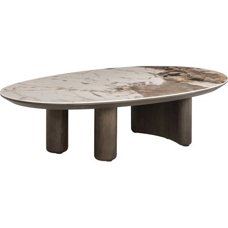 Table basse élégante avec plateau céramique marron et piètement bois - Marron effet marbre et bois foncé (1/5)