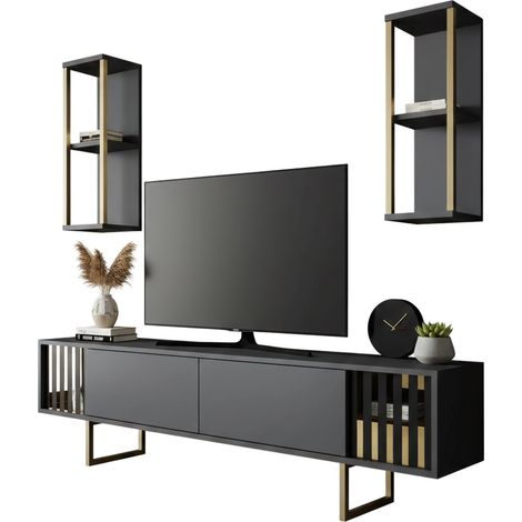 Dmora - Mobile porta TV Artinay, Credenza da soggiorno, Armadio basso per TV, Base parete attrezzata, 180x30h48 cm, Antracite e Oro