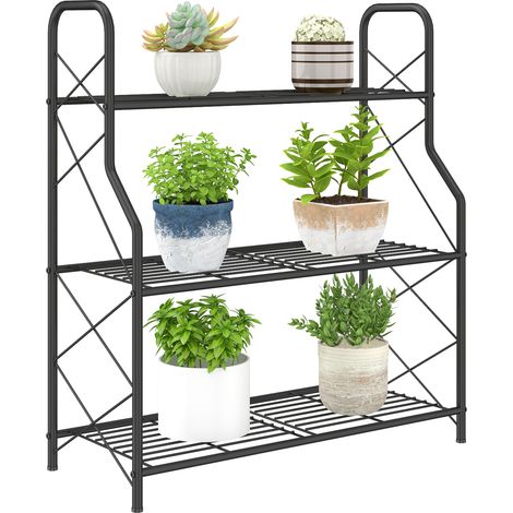 Outsunny soporte para plantas de 3 niveles para interior y exterior, estantería para plantas metálica con patas ajustables, resistente y estable negro