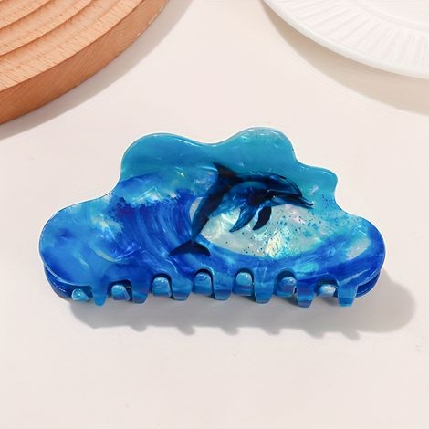 1 pc Pinces à cheveux en forme de baleine élégante de 10,2 cm - Bleu et noir brillants avec accents ondulés, parfait pour les queues de cheval tendance A, cadeau parfait pour maman (1/4)