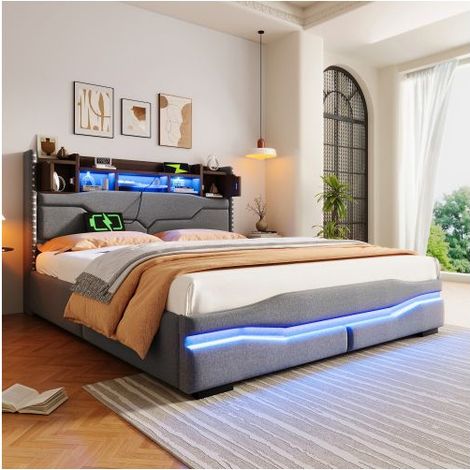 Lit Coffre 160x200 cm avec Rangement LED - Lit Rembourré - Tête de lit avec Étagère, Ports USB C, Tissu Lin Gris, Sans Matelas (1/5)