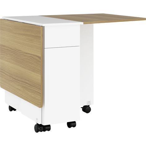 Table à manger pliable 6 places, table de cuisine roulante avec 2 tiroirs et 2 armoires, 140x76x74 cm, blanc (1/5)