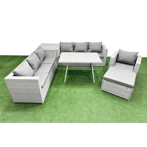 Fimous Outdoor Rattan Garden Furniture Dining Set 8-seater Patio Rectangular Table 3 Seater Sofa Armchair Set with Side Table Big Stool (1/4)