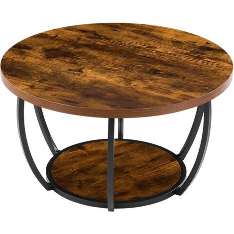 Table basse ronde moderne en bois avec rangement ouvert, structure métallique robuste, idéale pour salon ou bureau, montage facile, marron rustique. (1/5)