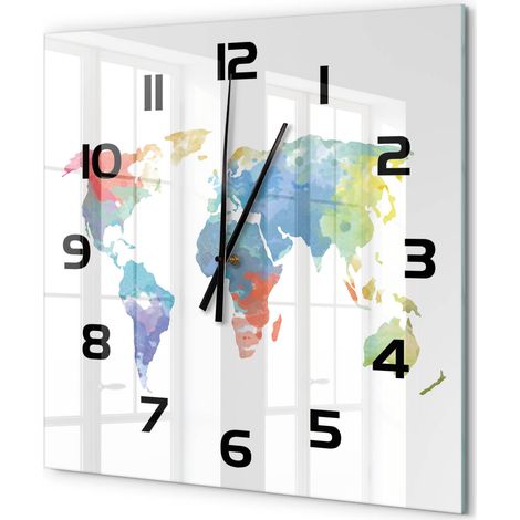 Grande Horloge Murale Carrée Déco Salon Verre Trempé Silencieuse Design Contemporain Carte du monde 60x60 cm (1/5)