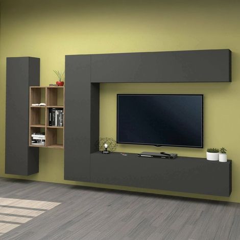 Dmora - Meuble Mural Dcaldar, Ensemble de salon Meuble TV avec 4 portes, Meuble de salon polyvalent, 100% Made in Italy, cm 280x30h180, Anthracite et Érable (1/5)