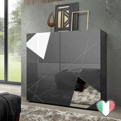 Credenza soggiorno grigio lucido, 2 Ante con inserti a specchio L. 121 cm - Lisbona (1/3)