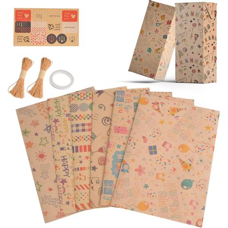 Lot de 6 feuilles de papier cadeau de qualité supérieure - Papier kraft 50 x 70 cm avec motif notes de musique - Papier d'emballage pour anniversaire, mariage et jours de fête - Avec cordon (1/5)
