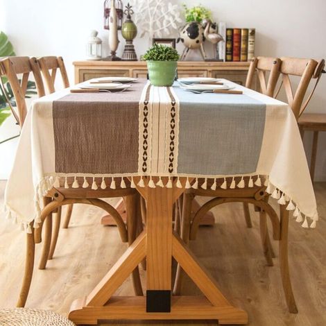 Nappe de Table Lavable en Coton et Lin, Pampilles Nappe de Anti-Poussière Rectangulaire pour Décoration de la Cuisine(Rayures Bleu-café,140x180cm) (1/5)
