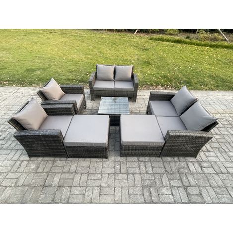 Fimous Rattan Outdoor Garden Furniture Sofa Set Table & Chairs with 2 Big Footstool Dark Grey Mixed (1/5)