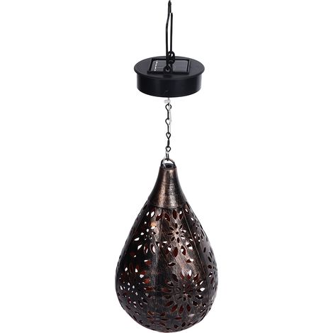 Lustre solaire suspendu étanche en bronze et fer, motif ajouré, pour pelouse ou cour extérieure. (1/5)