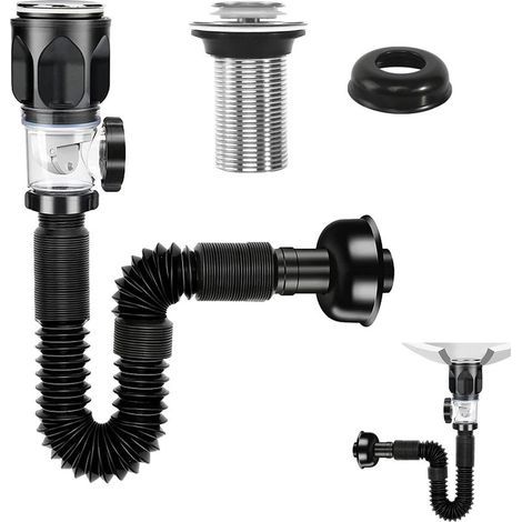 Kit de Égouttoir de Bonde de Lavabo Universel Égouttoir Siphon Lavabo avec Tuyau de Vidange Flexible Rétractable et Bouchon Dévier À Filtre Pop-up Kit de Vidange D'Évier pour Salle de Bain Cuisine (1/5)