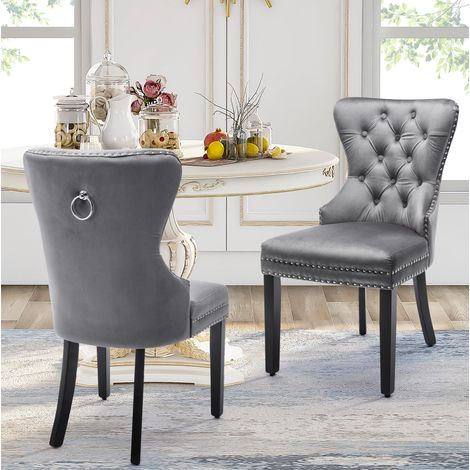 6 sillas de comedor de terciopelo gris, respaldo capitoné, con patas de madera OKMYHOME (1/5)