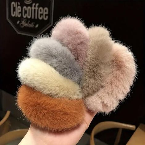 Lot de 6 élastiques à cheveux en fausse fourrure - Bandeaux duveteux - Usage quotidien pour femmes (Style 2) (1/4)
