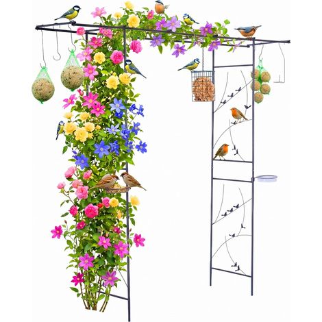 Relaxdays Rose Arch Bird Haven, trellis, bird bath, feeders, HxWxD: 208 x 210 x 50 cm, metal, black
