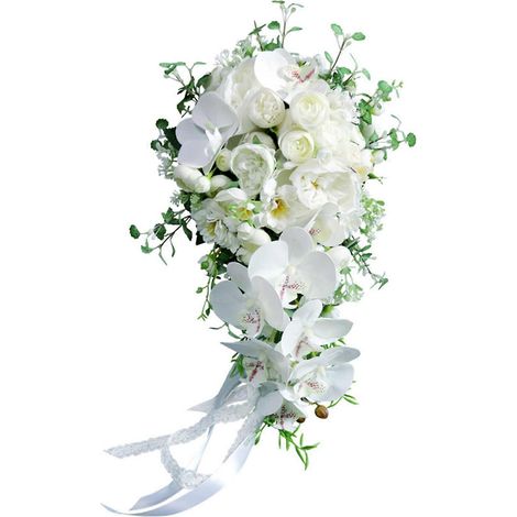 Künstlicher, kaskadenförmiger Brautstrauß im Schmetterlings-Orchideen-Stil mit Wassertropfen-Effekt, der auch als Dekoration für Brautjungfern und Trauzeugen dient. (1/5)