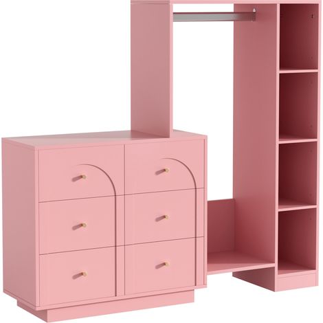 Armario abierto con barra, 6 cajones y estantes laterales, rosa, 139 x 35 x 133 cm (1/5)