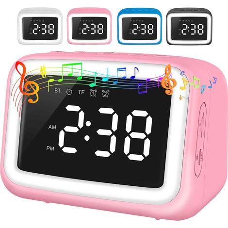 Réveil enfant avec enceinte Bluetooth pour chambre, radio-réveil numérique pour enfants avec veilleuse dimmable, double alarme, répétition, minuteur pour ados, rose (1/5)