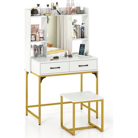 Coiffeuse avec Miroir et Tabouret, Coiffeuse avec Rangement, Station de Charge, 2 Tiroirs, 3 Étagères Ouvertes, Table de Maquillage, Blanc (1/5)
