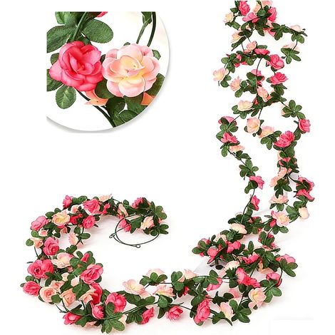 Guirlande de 45 Roses Artificielles en Soie - 3 Pièces (7.35m Total) - Double Couleur Magenta/Rose Pâle - Fleurs Déco Extérieur/Intérieur pour Mariage, Mur Végétal, Arche (1/5)