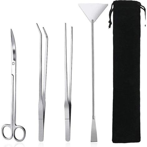 4 pièces outil de plantation aquatique, ciseaux courbés, pince à épiler droite et courbée, pelle à sable, acier inoxydable (1/5)