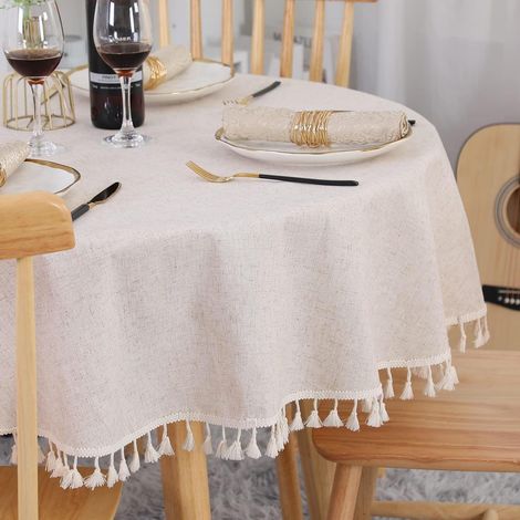 Tischdecke rund 120 cm beige Leinen-Baumwolle mit Quasten abwaschbar