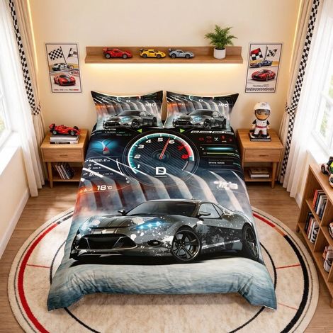 Housse de Couette en Microfibre de Lin pour Enfants,Garons,Voitures de Course,lit Double (1/5)