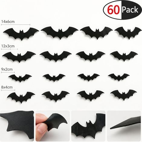 Halloween Chauve-souris Stickers Mur Art Autocollant 3D Fournitures de Fête Halloween Décoration 60 pcs (Noir) (1/5)