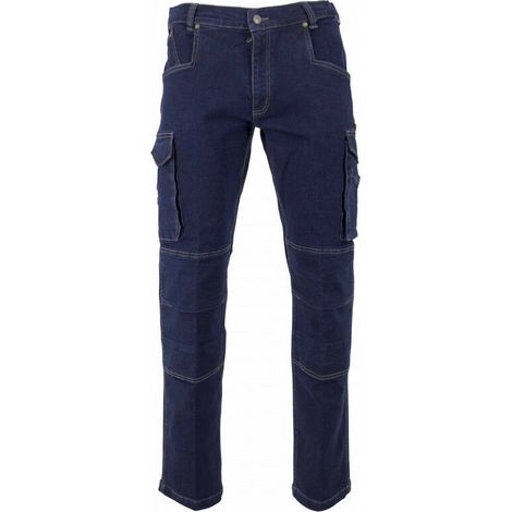 – Jean denim stretch bleu – Pantalon de travail ajusté – Multipoches avec attache porte-marteau – Norme EN 14404 niveau 1 (1/5)