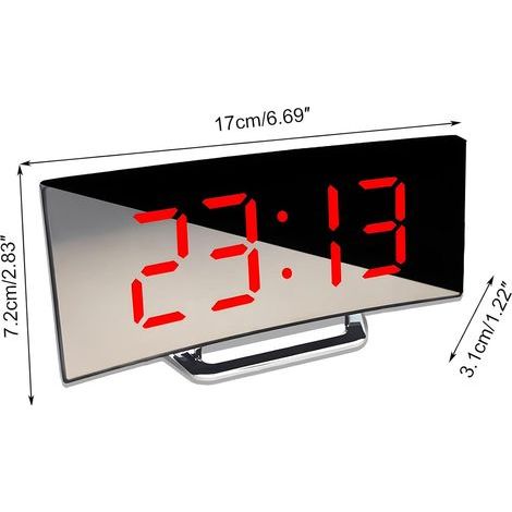 Digitaler Wecker mit großem, gebogenem LED-Display und Spiegelfunktion, der eine 12- oder 24-Stunden-Anzeige für den Heimgebrauch bietet (rot).