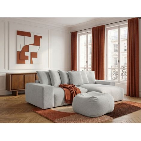 BOBOCHIC - Canapé d'angle fixe réversible VOLTAIRE tissu chiné avec pouf Gris clair (1/5)