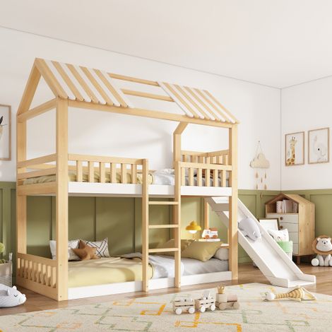 Litera de 90x200 cm - con estante, techo a dos aguas, estantes y un tobogán de 35 cm - de madera - blanco y natural - sin colchón (1/5)