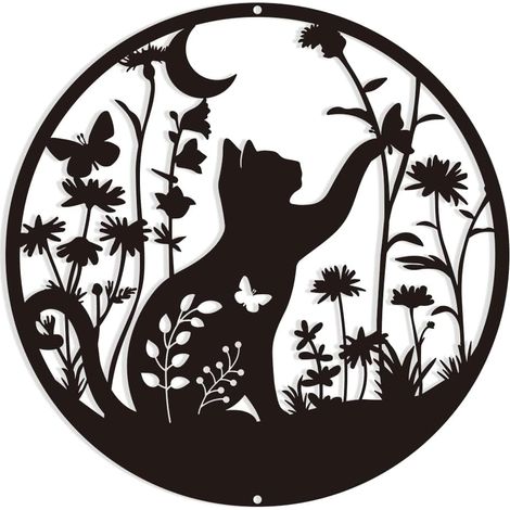 Cat - Flower Bush - Metal Wall Art - Indoor Outdoor Decoration - For Living Room Bedroom Kitchen - 30 x 30 cm - 1 Piece (1/5)