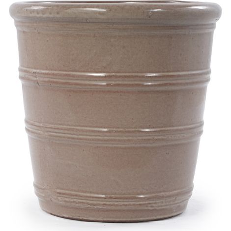 Vaso in ceramica fatto a mano taupe lucido Ø 41,5 cm con scanalature orizzontali e fori di drenaggio (1/5)
