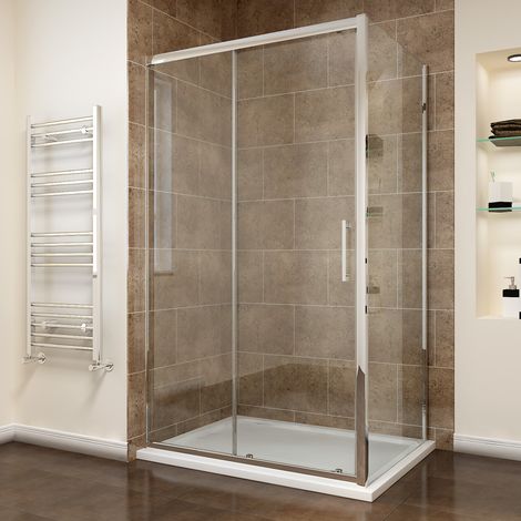 ELEGANT 1000 x 800mm Sliding Shower Enclosure 8mm Easy Clean Glass Shower Cubicle Door with Shower Tray + Side Panel (1/5)