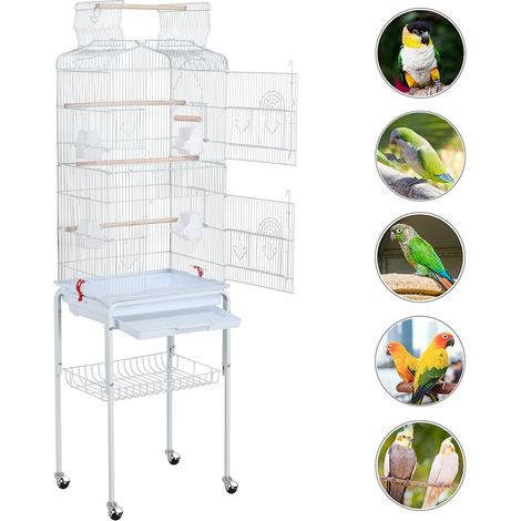 Yaheetech – Volière à oiseaux portable sur pied 46 x 35 x 92 cm – Toit ouvrable – Métal avec 8 perchoirs et 4 portes – Plateaux amovibles