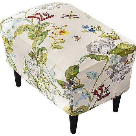 Housse de pouf, housse de repose-pieds, rectangulaire, housse extensible, housse de tabouret, housse de tabouret lavable (fleurs et feuilles) (1/5)