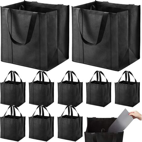 Sac Réutilisable - Sac Épicerie - Polypropylène Non Tissé - Fond Renforcé Carton - Poignées Renforcées Couture En X - Noir - Lot De 10 (1/5)