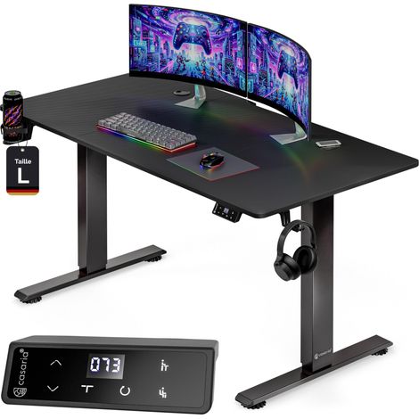 Bureau assis debout gaming 140 x 70 cm, hauteur réglable 72-117 cm, USB (1/5)