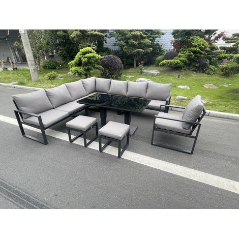 Fimous Aluminum Outdoor Garden Furniture Corner Sofa Chair 2 PC Stools Adjustable Rising Lifting Dining Table Sets Black Tempered Glass Dark Grey 10 Seater (1/5)