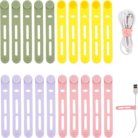 Set of 20 attache of cable adjustable in silicone for cord of load, ecouteurs, computers, desk, accessories of trip (yellow + pink + violet + green) (1/5)