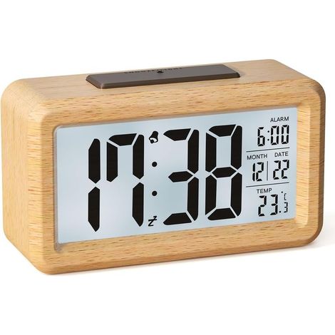 Wooden Digital Alarm Clock with Large LCD Screen – Displays Time, Date and Temperature, Automatic Light Sensor, Snooze Function, Battery Operated (1/5)