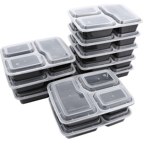 Boîtes repas 10pcs plastique alimentaire micro-ondable 3 compartiments 1000ml empilables noires pour conservation fraîcheur (1/5)