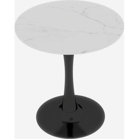 27.6-inch black coffee table, mid-century modern style dining table, suitable for 2-4 people, featuring a round marble tabletop with a white veined finish, perfect for various settings. (1/5)