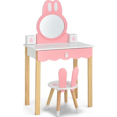 GOPLUS Coiffeuse pour Enfant avec Miroir Amovible, Table de Maquillage avec Tiroir et 2 Boîtes de Rangement, Coiffeuse en Forme de Lapin avec Tabouret Confortable et Coins Arrondis, pour Filles (1/5)