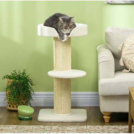 Arbre à chat 91 cm avec panier, plateforme et poteaux en sisal, blanc crème HAVRYA (1/3)